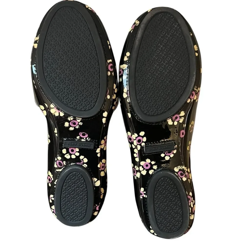 Tory Burch Minnie Travel Ballet Flats Black Patent Floral Print US 6.5